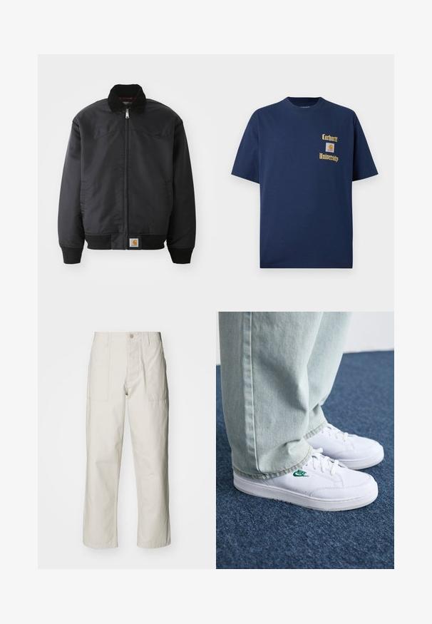 Jachetă bomber neagră cu închidere cu fermoar, guler cu capse, manșete și tiv anumite. Dispune de o etichetă cu logo în partea stângă jos. Textură netedă.; Tricou din bumbac bleumarin cu mâneci scurte, având inscripția aurie "Carhartt University" și o etichetă cu logo pe partea stângă a pieptului.; Pantaloni wide-leg de culoare bej deschis, confecționați din bumbac. Dispun de buzunare frontale și închidere cu nasture. Textură netedă cu linii verticale subtile.; Adidași din piele albă cu logo-ul Nike verde, vârf rotund, talpă plată, asortați cu pantaloni din denim bleu deschis, prezentați pe un covor albastru.