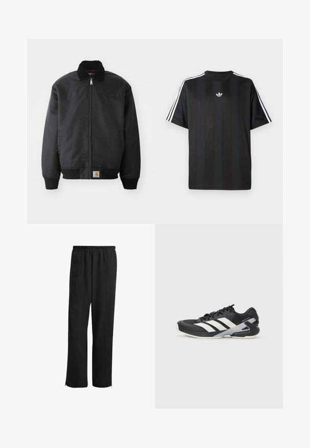 Sort bomberjakke med lynlås, trykknapkrave, ribbede manchetter og kant. Har et logo-patch nederst til venstre. Glat tekstur.; Sort kortærmet t-shirt med hvid tre-stribe detaljer på skuldrene og et lille hvidt logo på brystet. Glat stofstruktur.; Sorte træningsbukser med elastisk talje, lige ben, sidelommer og lynlåse ved anklerne, lavet af et glat, letvægtigt stof.; Sort sportsko med hvide striber, mesh-overdel, rund tå og dæmpet sål. Har en tekstureret hæl og et sikkert snøresystem.