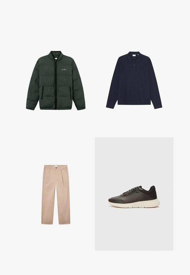 Grønn puffjakke med glidelås foran, elastiske mansjetter og nederkant. Har to glidelåslommer på siden og en logo på brystet.; Marineblå langermet bomullspolo med krage, med tre knapper foran og en enkel tekstur. Ingen synlige mønstre eller detaljer.; Kaki bukser laget av bomull med rette ben, med to frontlommer, knappelukking og klassisk passform.; Mørkebrun joggesko med en teksturert skinnoverdel, perforerte detaljer og en lett kremfarget såle. Har snøring og subtil merking.