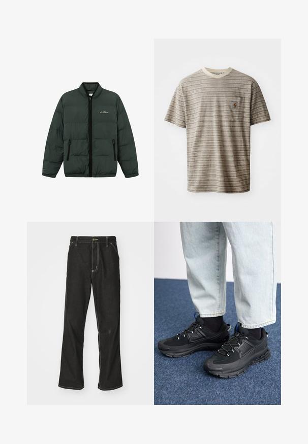 Zelena pufasta jakna s prednjim zatvaračem, elastičnim manžetama i donjim rubom. Ima dva bočna džepa sa zatvaračem i logo na prsima.; Majica kratkih rukava sa prugama u bež i smešnoj boji, s okruglim izrezom i džepom na grudima s logom. Teksturisani materijal.; Crne traperice s opuštenim krojem, s kontrastnim bijelim šavovima, zakovicom za zatvaranje i ravnim nogavicama.; Crne atletske cipele s teksturiranom tkaninom i gumene potplate, s elastičnim vezicama i plavim akcentom na peti. Nosene su s svijetlim trapericama.