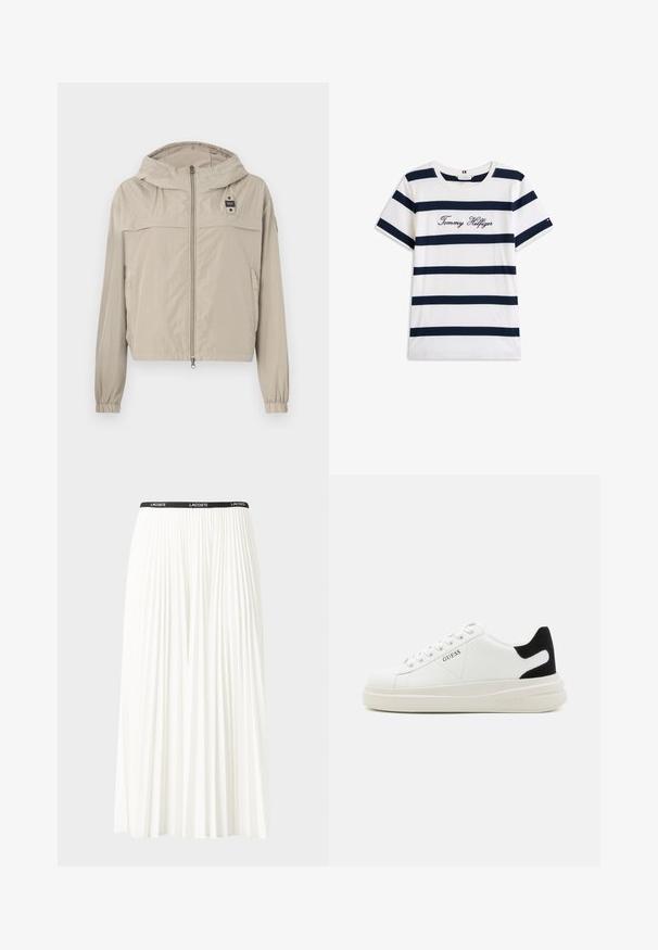 Ελαφρύ μπεζ μπουφάν με πουκάμισο, μπροστινό φερμουάρ και ελαστικές μανσέτες. Διαθέτει ομαλή υφή και ένα μικρό λογότυπο στο στήθος.; Μπλούζα φανέλα από βαμβάκι με οριζόντιες ναυτικές ρίγες σε λευκό φόντο. "Tommy Hilfiger" κεντημένο με καλλιγραφικά γράμματα στο στήθος. Στρογγυλή λαιμόκοψη.; Κοντή πλισέ λευκή φούστα με μαύρη ελαστική ζώνη που φέρει το λογότυπο "LACOSTE". Σχεδίαση μεσαίου μήκους με μαλακή υφή.; Λευκά δερμάτινα αθλητικά παπούτσια με χοντρή λευκή σόλα, μαύρη σουέτ λεπτομέρεια στην φτέρνα και ανάγλυφο λογότυπο στο πλάι. Σχέδιο με κορδόνια και έξι θηλιές.