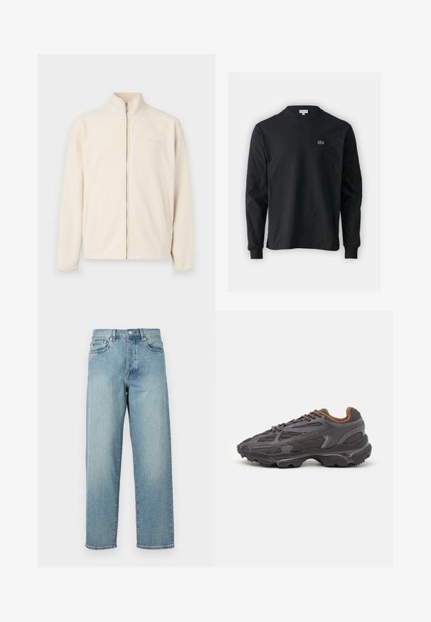 Chaqueta de forro polar color crema con cuello alto, cierre frontal con cremallera y dos bolsillos laterales; presenta un sutil logo de la marca en el pecho.; Camiseta de manga larga negra de algodón, con escote redondo y un pequeño logo de cocodrilo bordado en verde en el lado izquierdo del pecho.; Jeans de mezclilla azul claro con un corte amplio, piernas rectas, diseño de cinco bolsillos y cierre de botón en la cintura. Detalle de costura minimalista.; Zapatillas Lacoste en gris oscuro con material de malla y sintético, que cuentan con una suela texturizada y detalles en marrón en el cuello y la marca.