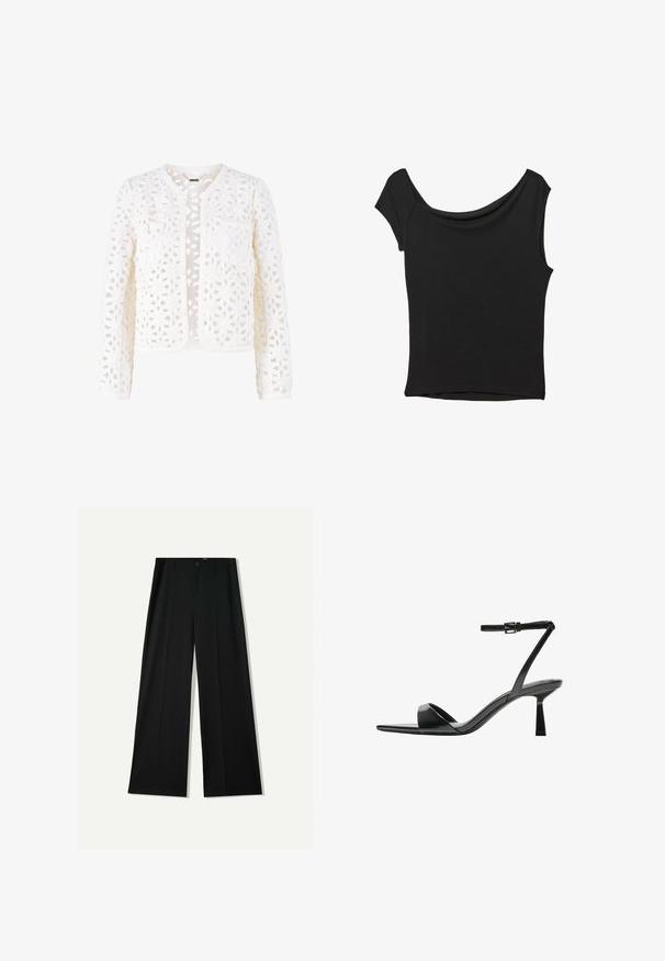 Bílá krajková bunda s otevřeným květinovým vzorem, kulatým výstřihem, dlouhými rukávy a dvěma předními kapsami s knoflíkovými detaily.; Černý krátký rukáv top vyrobený z hladké látky; má drapovaný výstřih a asymetrický lem, s přiléhavým střihem.; Bershka WIDE - Kalhoty - black; Bershka Sandály na vysokém podpatku - black