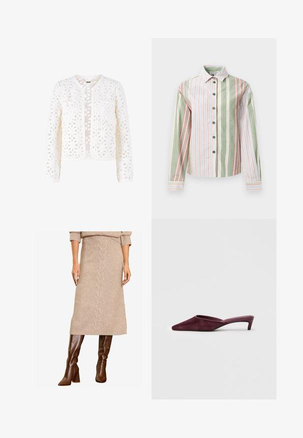 Fehér csipkekabát, nyitott virágmintával, kerek nyakkivágással, hosszú ujjal, és két elülső zsebbel gombos díszítéssel.; Csíkos gombos ing zöld, fehér és rózsaszín színekben. Gallérral, hosszú ujjakkal és ívelt aljjal rendelkezik, ellentétes díszítésű mandzsettákkal és gombokkal.; Egy nő bézs kötött pulóvert és hozzáillő midi szoknyát visel, amelyet divatos barna térdig érő csizmákkal párosítva, magabiztosan áll.; Burgundi színű, puha nubuk bőrből készült papucsok, hegyes orral, nyitott hátsó résszel és karcsú, alacsony sarkakkal a lendületes sziluettért.