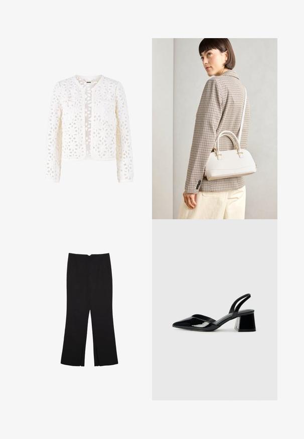Bijela čipkastna jakna s otvorenim cvjetnim uzorkom, okruglim izrezom, dugim rukavima i dva prednja džepa s ukrasnim gumbima.; Bijela majica bez rukava s okruglim izrezom. Izrađena je od glatkog materijala, nudi opušteni kroj i minimalistički dizajn. Bez uzoraka ili ukrasa.; Crne hlače ravnog kroja, s prednjim džepovima i bočnim prorezima na rubu. Izrađene od mekog i glatkog materijala. Pogodne za razne prigode.; Crne lakirane kožne sandale s otvorenom petom i špicastim vrhom, s geometrijskom blok petom. Imaju elegantan, minimalistički dizajn i glatku teksturu.; Bijela strukturna torba s kratkim ručkama i remenom za rame, s zlatnim metalnim detaljima i teksturiranim materijalom, prikazana na sivoj pozadini.