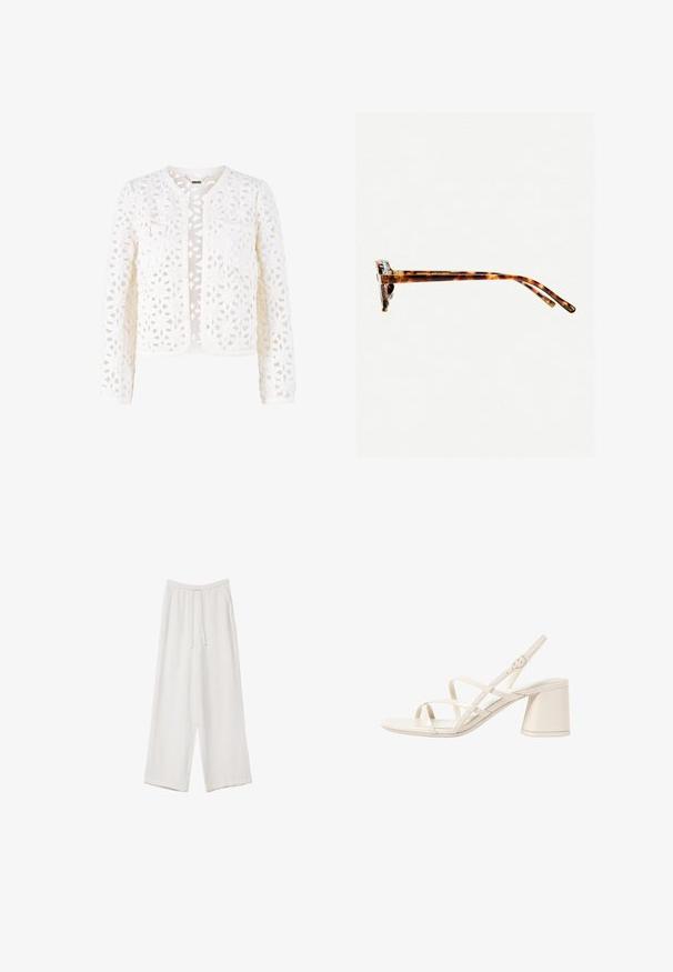 Bijela čipkastna jakna s otvorenim cvjetnim uzorkom, okruglim izrezom, dugim rukavima i dva prednja džepa s ukrasnim gumbima.; Bijela majica kratkih rukava od pamuka. Ima okrugli izrez i opušteni kroj. Glatka tekstura bez vidljivih uzoraka ili naglasaka.; Bijele hlače širokih nogavica napravljene od lagane tkanine. Imaju elastičan pojas s ušicom i bočne džepove. Glatka tekstura.; Bežne sandale s petom u bež boji s tankim, ukrštenim trakama, otvorenim nožnim prstima i kvadratnim blok petom. Glatki patentirani finiš, podesiva remenica oko gležnja.; Naočale od kornjačevine s debljim okvirom, blago zakrivljenim tempama i glatkom teksturom. Imaju klasičan dizajn s sjajnim završetkom.