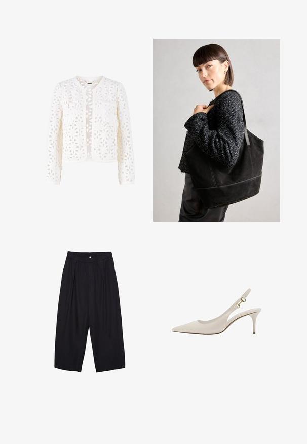 Biely čipkovaný kabát s otvoreným kvetinovým vzorom, okrúhlym výstrihom, dlhými rukávmi a dvoma prednými vreckami s gombíkovými akcentmi.; Biela krátka T-shirt s voľným strihom a zlaceným textúrou v oblasti pása. Vyrobená z mäkkého, ľahkého materiálu.; Čierne polyesterové culotte nohavice s elastickým pásom, dvoma prednými záhybmi a voľným strihom. Žiadne viditeľné vzory ani detaily z kovu.; Béžová kožená slingback obuv s špicatou špičkou, tenkým podpätkom a zlatými kovovými detailmi na popruhu. Hladký povrch po celom obvode.; Čierna semišová taška so hladkou textúrou, štruktúrovaným tvarom a kontrastným šitím. Obsahuje dlhé popruhy na nosenie na ramene.