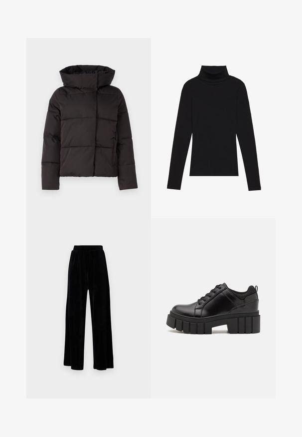 Juodas pūkų striukė su aukšta apykakle, siuvinėtu dizainu ir ilgomis rankovėmis. Yra priekinis užtrauktukas ir pūkuota tekstūra šilumos izoliacijai.; Juoda turtleneko ilgo rankovės viršutinė dalis, pagaminta iš raukšlėtos medžiagos, turi prigludusią formą, aukštą apykaklę ir neturi jokių raštų ar akcentų.; Juoda plataus kirpimo kelnių pora, pagaminta iš minkštos velveto medžiagos, su elastingu juosmeniu ir glotnia tekstūra, be matomų detalių ar raštų.; Juodi odiniai platformos batai su masyviu blokuota kulniuku, apvalia nosimi ir tradiciniu šnypštimo dizainu. Turintys glotnų paviršių ir minimalų dekoravimą.