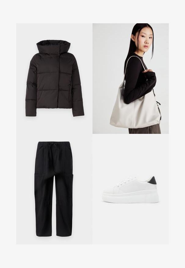 Juodas pūkų striukė su aukšta apykakle, siuvinėtu dizainu ir ilgomis rankovėmis. Yra priekinis užtrauktukas ir pūkuota tekstūra šilumos izoliacijai.; Balta be rankovių palaidinė su apvaliu kaklu. Pagaminta iš lygios medžiagos, ji turi laisvą siluetą ir minimalistinį dizainą. Be raštų ar akcentų.; Juodos medvilninės cargo kelnės su laisvu kirpimu, turinčios elastinę juosmenį ir kelis šoninius kišenes, skirtas papildomai funkcionalumui.; Balti platforminiai sportbačiai, pagaminti iš lygios sintetinio audinio, su apvaliu pirštu, raištelių užsegimu ir tekstūruota guma padanga. Juodas kulno akcentas.; Bežinė rankinė, pagaminta iš minkštos medžiagos, turinti laisvą dizainą, siuvinėtas detalės ir dvi petnešos. Tinkama kasdieniam naudojimui.