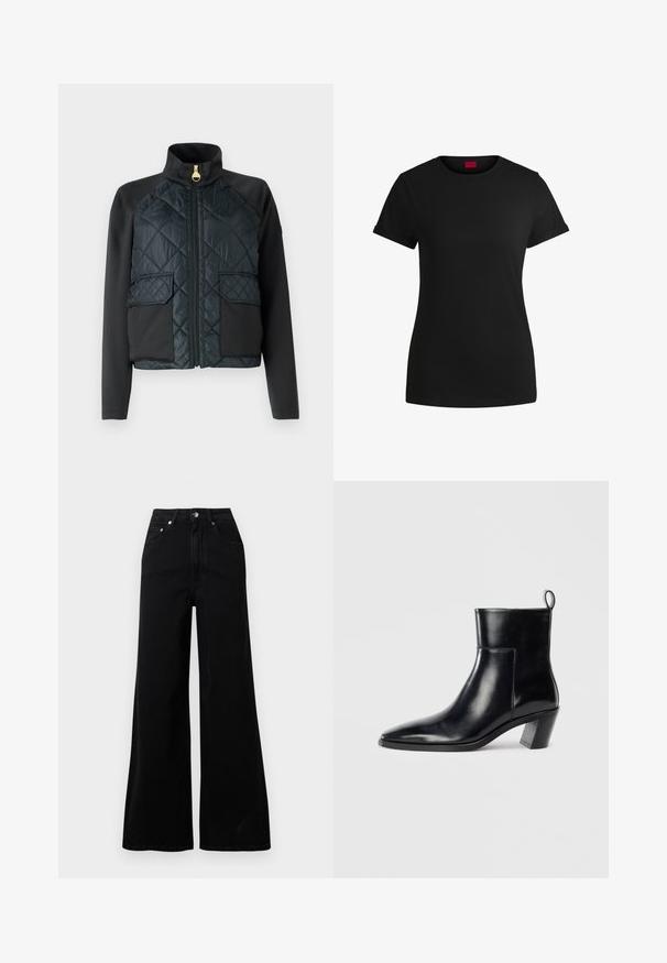 Padded black jacket with a high collar, quilted front, and contrasting smooth fabric sleeves. Features two front pockets and a gold zipper.; Black cotton t-shirt with short rolled sleeves, a round neckline, and a red label. Smooth texture, fitted shape with minimal detailing.; Black wide-leg jeans made from denim, featuring a high waist, five pockets, front button closure, and minimal stitching details.; Black leather ankle boot with a pointed toe, a geometric stacked heel, and a pull tab at the back. Smooth texture and sleek design.