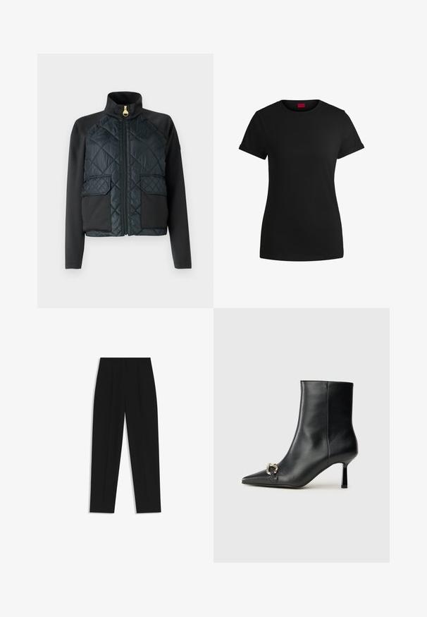 Padded black jacket with a high collar, quilted front, and contrasting smooth fabric sleeves. Features two front pockets and a gold zipper.; Black cotton t-shirt with short rolled sleeves, a round neckline, and a red label. Smooth texture, fitted shape with minimal detailing.; Black trousers with a straight fit, featuring double pleats, a smooth texture, and a classic waistband design. No visible hardware or accents.; Black leather ankle boot with pointed toe, slim mid-height heel, and silver buckle detail on side against plain background.