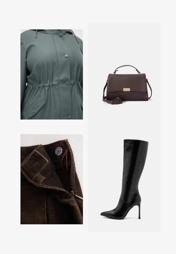 Grüne wasserdichte Jacke mit verstellbarem Kapuzenzug, anpassbarem Taillenbund, Druckknöpfen und seitlichen Taschen mit rautenförmigem Design.; Schwarzer Rollkragenpullover aus leichtem Strickgewebe. Mit langen Ärmeln, taillierter Passform und weichem Ripptextil.; Braunes Cordstoff mit glatter Textur, ausgestattet mit einem Reißverschluss, Knopfverschluss und einem inneren Riegel für sicheren Halt.; Schwarze knielange Stiefel aus glänzendem Leder, mit spitz zulaufender Zehenpartie und schlankem Stiletto-Absatz. Glatte Textur und minimalistisches Design.; Braune Kunstleder-Handtasche mit strukturierter Form, einem abnehmbaren Schulterriemen und einem goldfarbenen Verschluss. Verfügt über ein strukturiertes Muster am Boden.