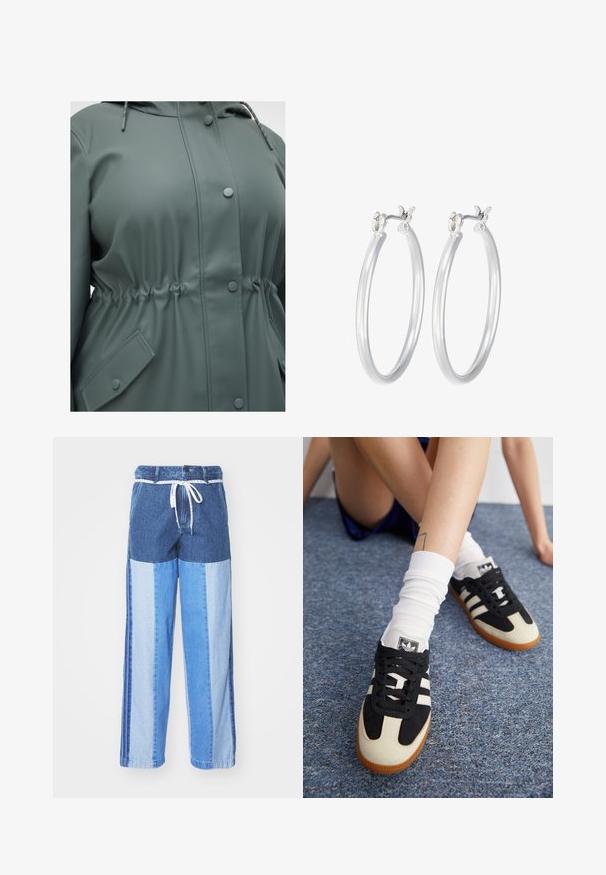 Veste imperméable verte avec capuche réglable par cordon, taille ajustable, boutons-pression et poches latérales de forme diamant.; T-shirt à manches longues blanc côtelé avec un col rond. Fabriqué en un tissu extensible qui épouse le corps. Présente de fines lignes horizontales.; Pantalons en denim bleu avec un mélange de nuances de bleu foncé et clair, dotés d'une taille élastiquée avec cordon de serrage et d'une coupe large et décontractée.; Baskets noires et blanches avec une tige en daim et cuir, comportant trois rayures blanches et une semelle en caoutchouc. Paire portée avec des chaussettes blanches.; Boucles d'oreilles en argent avec une finition lisse et polie. Forme ronde et fermeture à clip sécurisée. Design léger adapté pour un port quotidien.