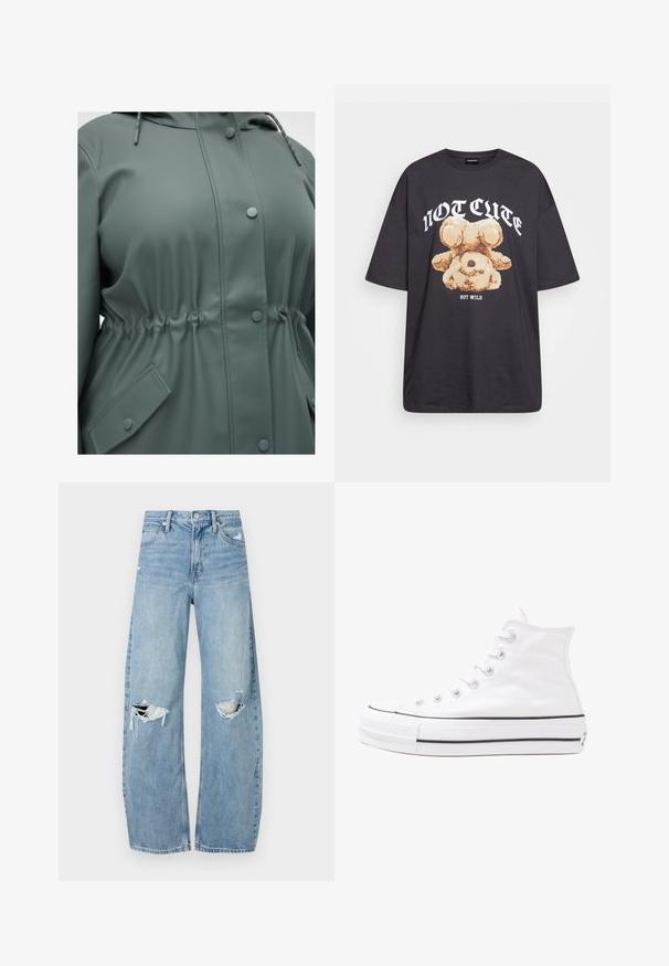 Giacca impermeabile verde con cappuccio regolabile con cordino, vita regolabile, bottoni a pressione e tasche laterali a forma di diamante.; T-shirt nera oversize con una grafica di un orso e la scritta "NON CARINA MA SELVAGGIA" in grassetto, lettere bianche. Materiale in cotone.; Jeans azzurri chiari a vita alta realizzati in denim. Presentano gambe larghe, due aree strappate sulle ginocchia e il classico styling a cinque tasche.; Sneaker alta in tela bianca con suola in gomma nera, punta in gomma frontale e sei asole per i lacci, caratterizzata da un design pulito e minimalista.
