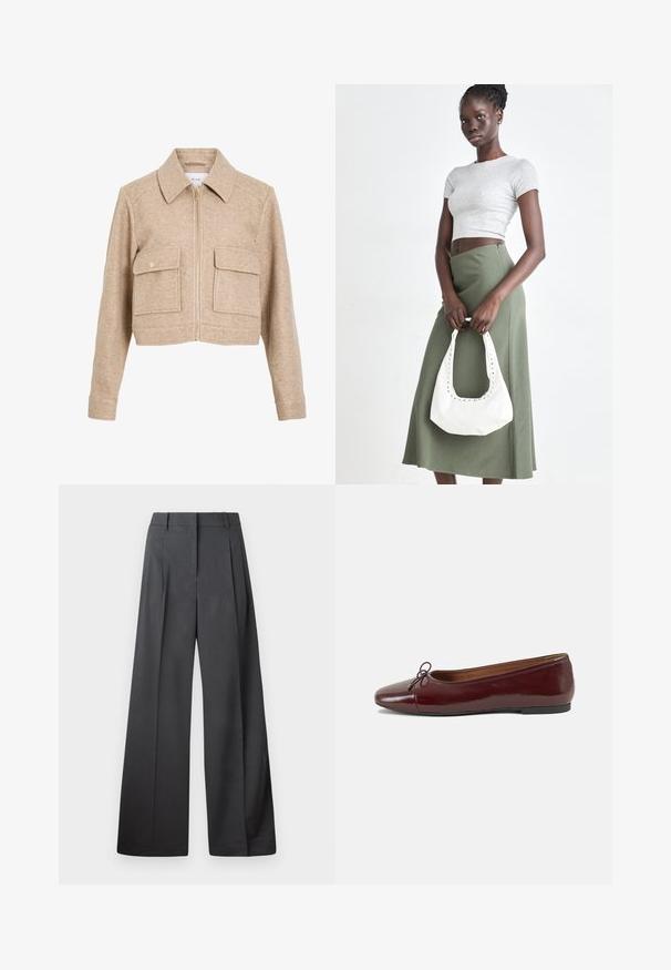 Beige kort jakke laget av mykt stoff med glidelås foran, spiss krage, to frontlommer og gullfargede trykknapper.; Hvit ermeløs topp laget av glatt, elastisk stoff med rynkedetaljer langs sidene, med rund halslinning og en tettsittende silhuett.; Vide bukser i mørkegrått stoff med høy livlinje, enkel press, og en glatt tekstur med en ren finish på ermekantene.; Burgunderrød lakk lær ballettleilighet med rund tå, liten sløyfe foran og en lav, svart gummisåle. Glatt tekstur.; Grå ribbet topp og olivengrønn høy midje skjørt. Modellen holder en hvit skulderveske med utskjæringsdetaljer. Enkelt design, tettsittende silhuett.