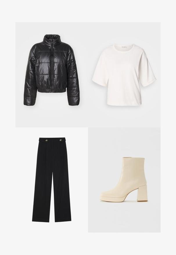 Mustaline puffer jakk, mis on valmistatud läikivast, tikandmaterjalist, millel on kõrge krae, lukuga sulgemine ning elastne alläär ja varrukad.; Valge puuvillane T-särk, millel on mugav lõige, lühikesed volditud varrukad, ümmargune kaelus ja sile tekstuur. Lihtne, minimalistlik disain.; Mustad laiad püksid kõrge vöökoha ja nööpdetailidega vööandil, esikortsudega.; Beige nahkaste kõrged saapad plokknõelaga ja platvormpõhjaga, siledat viimistlust ja kergelt ruudukujulist varvatoe, vasakul valgel taustal.