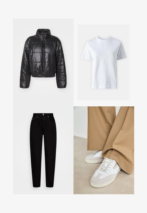 Melnā pūkainā jaka, izgatavota no spīdīga, kušņotā materiāla, ar augstu apkakli, ar rāvējslēdzēju un elastīgu apakšmalu un aprocēm.; Balta kokvilnas T-krekls ar apaļu izgriezumu, īsām piedurknēm, taisnu griezumu un gludu tekstūru. Nav rakstu vai rotājumu.; Augsti vidukļa melni taisnā piegriezuma džinsi ar priekšējo pogu, piecām kabatām un jostas cilpām, izstādīti uz baltas fona.; Baltas apavi ar zamša akcentiem, teksturētām šņorītēm un gumijas zoli. Saskaņoti ar brīvām brūnām biksēm. Logo attēlots sānos.