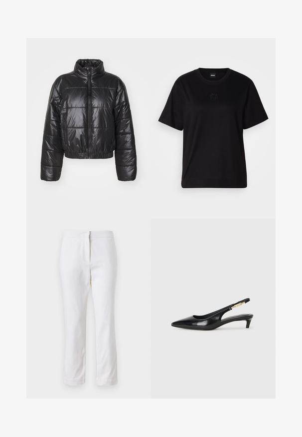 Juodas pūkinis švarkas, pagamintas iš blizgaus, siuvinėto medžiagos, su aukštu apykakle, užtrauktuko uždarymu ir elastinėmis apačia bei rankovėmis.; Juodas medvilninis marškinėliai su apvalia iškirpte, trumpomis rankovėmis ir siuvinėjimu ant krūtinės. Paprastas, laisvas siluetas be raštų.; Balti medvilniniai kelnių su tiesiu kojų dizainu, turintys vidutinį liemenį ir be matomų detalių ar raštų. Lygi tekstūra visame paviršiuje.; Juodas odinis pavasario batelių modelis su smailiu nosiu, turintis siaurą kulniuką ir auksinės spalvos akcentu reguliuojamoje juostoje. Lygi tekstūra.