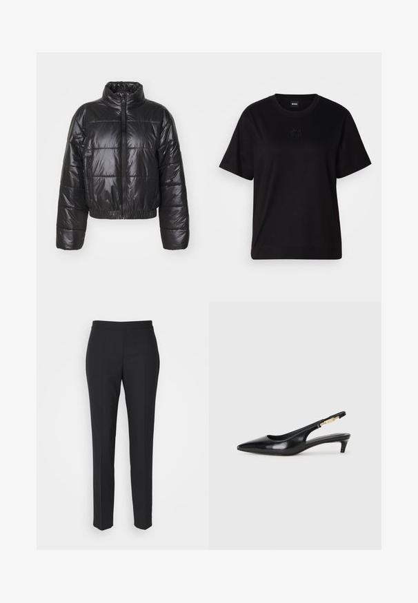 Svart puffjakke laget av blankt, quiltet materiale, med høy krage, glidelås og elastisk hem og mansjetter.; Svart bomull T-skjorte med rund hals, korte ermer og et brodert logo på brystet. Enkel, avslappet passform uten mønstre.; Sorte skreddersydde bukser med en glatt tekstur, slim fit og flat midjebånd. Ingen synlig maskinvare; sømmer skaper en strømlinjeformet silhuett.; Sorte lærreim hæler med spiss tå, som har en slank hæl og en gullfarget detalj på den justerbare stroppen. Glatt tekstur.