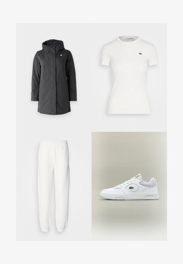 K-Way SOPHIE SOFT TOUCH - Žieminis paltas - black/blue; Balta trumpomis rankovėmis šonkačių marškinėliai su apvaliu iškirpimu ir mažu žaliu Lacoste krokodilu logo kairėje krūtinės pusėje. Lygus medvilnės audinys.; Balti sportiniai džinsai, pagaminti iš minkštos, megztos medžiagos. Elastinga juosta ir rankogaliai suteikia patogų prigludimą. Minimalistinis dizainas, be matomų raštų ar akcentų.; Balti odiniai sportbačiai su tinkliniu akcentu, apvaliu nosiu ir plokščiomis raištelėmis. Ant kulno yra žalias krokodilo logotipas ir "LACOSTE" prekės ženklas.
