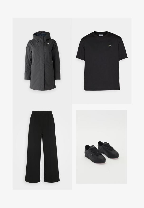 K-Way SOPHIE czarny; Czarny bawełniany t-shirt z okrągłym dekoltem, krótkimi rękawami i małym, zielonym haftowanym logo po lewej stronie klatki piersiowej. Prosty design.; Czarne spodnie o szerokich nogawkach z elastycznym pasem. Wykonane z miękkiego, lekkiego materiału. Posiada pionowe szwy na przodzie.; Czarne niskie sneakersy wykonane z gładkiego materiału, z grubymi sznurowadłami, teksturowaną podeszwą oraz małym logo po boku i na języku.