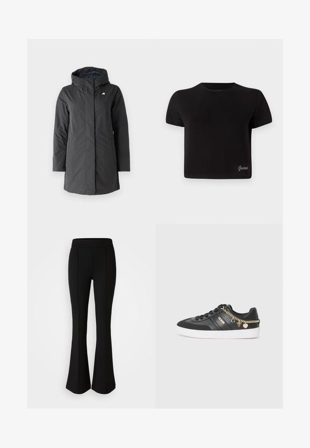 K-Way SOPHIE SOFT TOUCH - Cappotto invernale - black/blue; T-shirt nera a maniche corte in cotone. Presenta un collo rotondo e un piccolo logo "Guess" argentato in basso a sinistra.; Pantaloni neri a zampa d'elefante realizzati in un materiale elastico con una texture liscia, caratterizzati da dettagli delle cuciture lungo la parte anteriore per un tocco di design in più.; Sneaker nera in pelle e tessuto, con suola bianca, dettagli in catena dorata e logo sui lati.