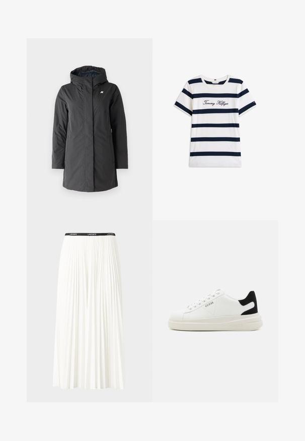 K-Way SOPHIE SOFT TOUCH - Wintermantel - black/blue; Katoenen T-shirt met horizontale marineblauwe strepen op een witte achtergrond. "Tommy Hilfiger" geborduurd in cursieve letters op de borst. Ronde hals.; Plisséminirok in het wit met een zwarte elastische tailleband met het "LACOSTE"-logo. Middellange ontwerp met een zachte textuur.; Witte leren sneakers met een dikke witte zool, zwarte suède hielaccent en een geperst logo op de zijkant. Vetersluiting met zes oogjes.