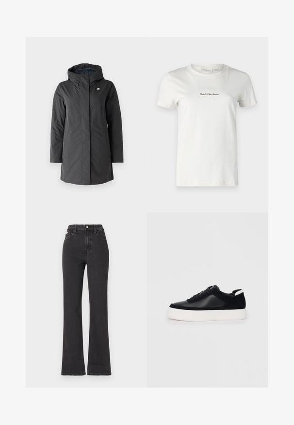 K-Way SOPHIE SOFT TOUCH - Zimski plašč - black/blue; Bela bombažna majica s kratkimi rokavi, okrogel izrez, z majhnim, vezenim logotipom "Calvin Klein Jeans" v temno rjavi barvi. Preprost dizajn.; Črne kavbojke s visokim pasom in razširjenimi hlačnicami, narejene iz denima, z gumbom za zapiranje, zankami za pas in stranskimi žepi. Gladka tekstura z minimalnim bledenjem.; Črne športne copate z gladko usnjeno in semišnimi paneli, ravnimi vezalkami, zaobljenim nosom in belim gumijastim podplatom. Oznaka na peti.