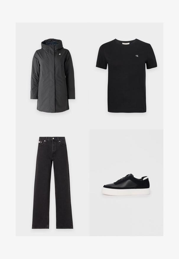 K-Way SOPHIE SOFT TOUCH - Vinterfrakke - black/blue; Sort bomulds t-shirt med en klassisk crew neck, korte ærmer og et lille hvidt broderet "ck" logo på brystet.; Sorte vidde jeans lavet af denim, med høj talje, fem-lomme stil og en metalknap lukning med kontrasterende syninger.; Sort sneakers med glat læder og ruskindspaneler, flade snørebånd, rund tå og en hvid gummisål. Distinkt logo på hælen.