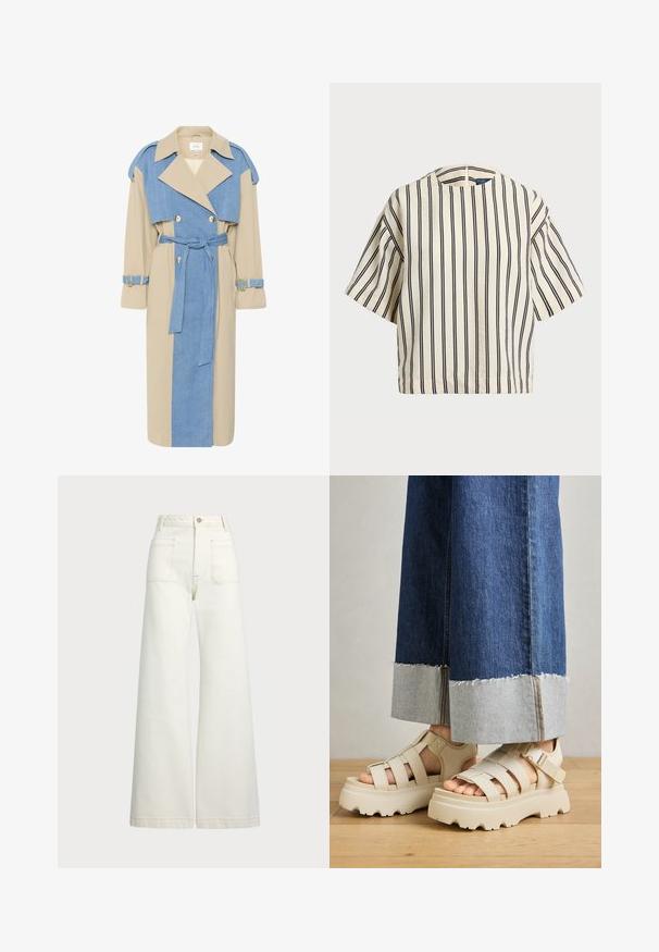 Trench coat con pannelli in denim beige e blu, design doppiopetto, rever ampi, vita con cinture e cinturini con dettagli dorati.; Top a maniche corte a righe in crema e blu navy, con scollatura rotonda e design squadrato, realizzato in un tessuto texturizzato.; Jeans a gamba larga in denim bianco sporco. Design a vita alta con chiusura a bottone, due tasche frontali e dettagli di cucitura a contrasto.; Sandali platform beige con suole spesse presentano un design a cinturini e fettucce regolabili alla caviglia. Indossati con pantaloni in denim a gamba larga, un'orlo è sfilacciato.