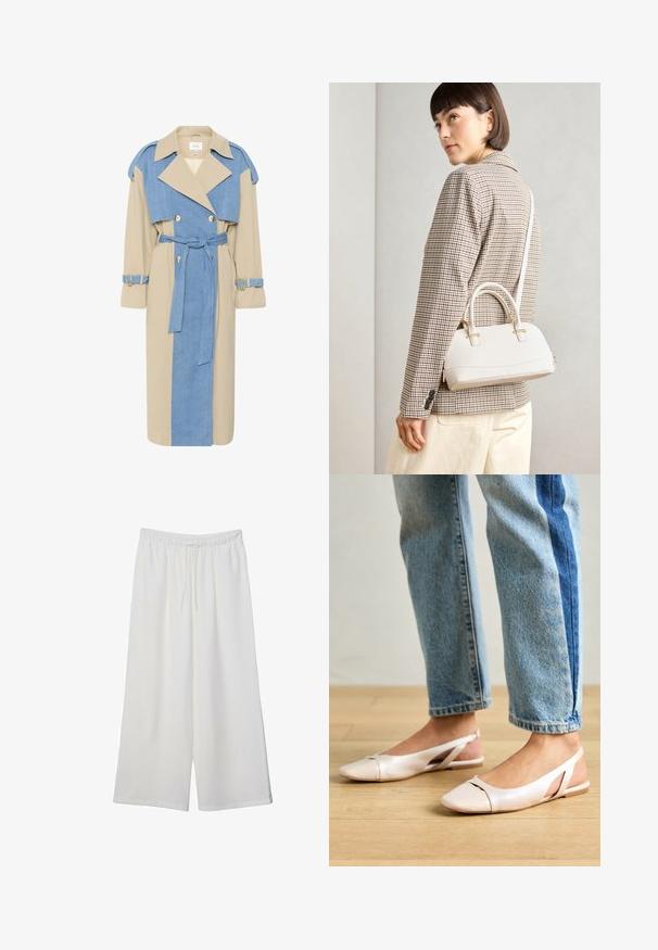 Trenčkot s béžovými a modrými denimovými panely, dvouřadým zapínáním, širokými klopami, páskem v oblasti pasu a manžetovými stahovacími pásky se zlatými akcenty.; Bílý krátký rukáv tričko s širokým kulatým výstřihem a texturovaným žebrovaným vzorem, vyrobené z měkké látky, s uvolněným střihem a čistým designem.; Bílé kalhoty s širokými nohavicemi vyrobené z lehké tkaniny, s elastickým pasem a stahovací šňůrkou pro nastavitelnou velikost. Hladká textura.; Světle růžové slingback baleríny s špičatou špičkou, vyrobené z hladkého koženému materiálu. Obsahují vystřihovací detaily po stranách a plochý podpatek.; Bílá strukturovaná kabelka s krátkými uchy a ramenním popruhem, zdobená zlatými kovovými prvky a texturovaným materiálem, vystavená na šedém pozadí.