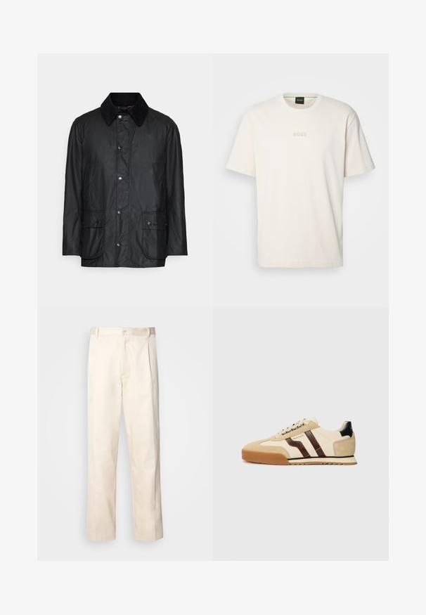 Casaco impermeável preto com colarinho de veludo, botões de pressão e dois bolsos frontais, apresentando uma textura suave e um design clássico.; BOSS TEE - T-shirt básica - open white; Calças de algodão bege com corte reto, apresentando um fecho de botão e pregas na frente para um detalhe adicional.; GANT BAYLLE - Sapatilhas - sand