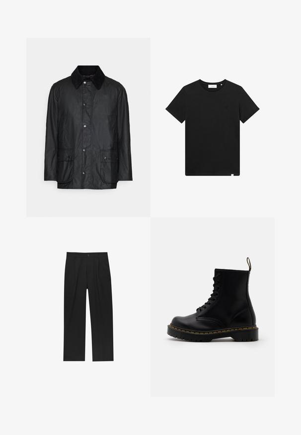 Fekete vízálló dzseki kordbársony gallérral, patent gombokkal és két elülső zsebbel, sima textúrával és klasszikus dizájnnal.; Fekete rövid ujjú pamut póló, kerek nyakkal és egy kis géppel hímzett logóval a mellrészen. Sima tapintás, szabványos illeszkedés.; Fekete nadrág egyenes szárú kialakítással, sima anyagból készült. Elöl redők és egy gombos záródás található a derékon.; Fekete bőrből készült bokacsizma, fűzős elülső része, sárga varrása, kerek orra és vastag, textúrált gumitalpa van.