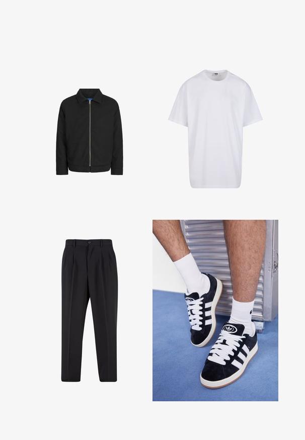 Čierna bunda s golierom, predným zipsom a dvoma bočnými vreckami. Ponúka elegantnú, hladkú textúru a jednoduchý, moderný dizajn.; Biela bavlnená tričko s krátkymi rukávmi, okrúhlym výstrihom, uvoľneným strihom a žiadnymi viditeľnými logami alebo vzormi. Hladká textúra a minimálny dizajn.; Čierne nohavice s plisovaným predným dizajnom, vyrobené z hladkej látky. Majú zapínanie na gombík a pútka na opasok; rovný strih.; Čierne semišové tenisky s bielymi šnúrkami a tromi bielymi pruhmi. Obsahujú kruhové čierne logo na jazyku a gumovú podrážku.