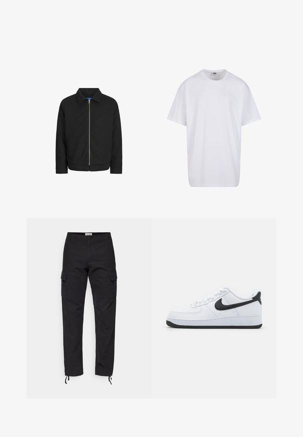 Čierna bunda s golierom, predným zipsom a dvoma bočnými vreckami. Ponúka elegantnú, hladkú textúru a jednoduchý, moderný dizajn.; Biela bavlnená tričko s krátkymi rukávmi, okrúhlym výstrihom, uvoľneným strihom a žiadnymi viditeľnými logami alebo vzormi. Hladká textúra a minimálny dizajn.; Čierne cargo nohavice vyrobené z pevnej tkaniny, s bočnými vreckami, so štíhlym strihom a s nastaviteľnými manžetami na členkoch.; Biele kožené tenisky s čiernym Nike Swoosh, okrúhly dizajn prstov, šnurované zapínanie, textúrovaná čierna gumová podrážka a s embosovaným nápisom "Air" na päte.