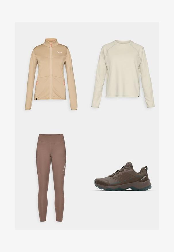 Beige idrettsjakke med lange ermer, høy krage, glidelås foran, teksturert stoff og subtilt logo. Har oransje glidelåsdetaljer og to lommer.; Lys beige langermet topp med en teksturert, ribbet design. Har raglan-ermer og en rund halsutskjæring. Diskret merkevarelogo nederst.; Brune atletiske leggings med høy midje, med sidelommer og en hvit logo. Glatt, elastisk stoff for komfort og bevegelighet.; Grå og teal fotturer sko med mesh-paneler, teksturert overdel og robust gummisåle. Har polstret tunge og snøring.