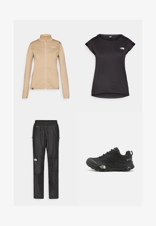Beige sportjack met lange mouwen, hoge kraag, rits aan de voorkant, textuurstof en subtiele logo. Heeft oranje ritsaccenten en twee zakken.; The North Face TANKEN TANK - Sport T-shirt - black; Zwarte waterdichte broek van lichtgewicht stof, uitgerust met een elastische tailleband, zijzakken en een logo op het linkerpijp.; Zwarte wandelschoen met een gestructureerde bovenkant, vetersluiting en een stevige rubberen zool met een opvallend logo aan de zijkant en profielpatronen.