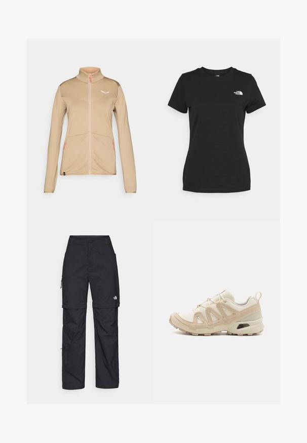 Jachetă sport bej cu mâneci lungi, guler înalt, fermoar frontal, țesătură texturată și logo subtil. Dispune de accente portocalii la fermoar și două buzunare.; Tricou din bumbac negru, cu guler rotund și mâneci scurte. Logo alb notabil în partea stângă sus. Textură netedă, croi casual.; Pantaloni cargo din nylon negru, cu fermoar detașabil, manșete ajustabile, multiple buzunare și un logo pe piciorul drept. Textură netedă și ușoară.; Pantofii sport bej și crem au un superior din plasă texturată, suprapuneri de susținere și o talpă din cauciuc cu un model de profil pentru aderență.