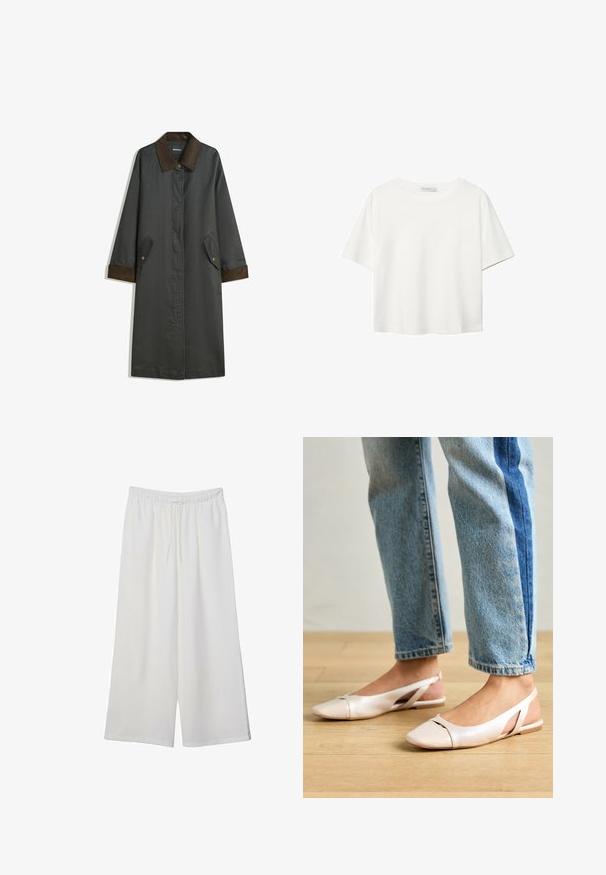 Tummanharmaa takki, jossa on ruskea farkkukangas kaulus, pitkät hihat, sivutaskut ja suora siluetti. Kauluksessa on nappikoristeet.; Valkoinen lyhythihainen T-paita, joka on tehty puuvillasta. Siinä on pyöreä kaula-aukko ja rento malli. Silkkinen pinta ilman näkyviä kuvioita tai koristeita.; Valkoiset leveälahkeiset housut, jotka on valmistettu kevyestä kankaasta. Niissä on joustava vyötärö ja nauha säädettävää istuvuutta varten. Sileä pinta.; Vaaleanpunaiset slingback-ballerinat, joissa on terävä kärki, valmistettu sileästä nahkamaisesta materiaalista. Sivujen leikkuuyksityiskohdat ja tasapohja.