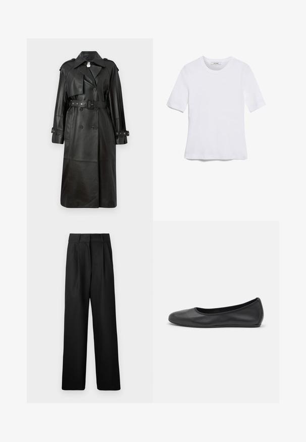 Melnas ādas tranšejas mētelis ar jostas vidukli, divrindu pogām, asu apkakli un perforētu apdari uz piedurkņu.; Balta īsām piedurknēm T-krekls, izgatavots no ribota auduma. Apaļš izgriezums, regulāra piegriezuma un diskrēti šuvumu detaļas. Bez printiem vai grafikām.; Melni plaši bikses ar gludu tekstūru, ar priekšējām krokām un augsto jostas dizainu. Izgatavotas no viegla materiāla.; Melna ādas baleta kurpe ar noapaļotu purngalu, gludu tekstūru, minimālu šuvju detalizāciju un elastīgu zoles dizainu.