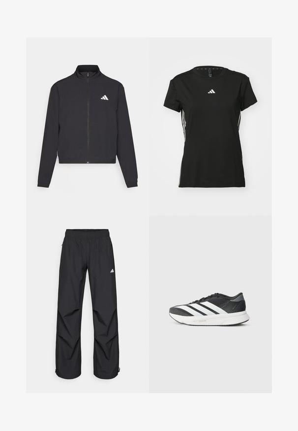 adidas Performance TRAIN ESSENTIALS 3 STRIPES WARM UP - Treningsjakke - black/white; Svart atletisk t-skjorte med korte ermer, laget av syntetisk materiale. Har en liten hvit logo på brystet og hvite striper på sidene.; Sorte, lette, vanntette bukser med elastisk midje, sidelommer og justerbare mansjetter. Har en hvit logo på venstre lår.; Svart treningssko med hvite striper, mesh-overdel, polstret såle og et elegant design. Grå detaljer på hælen og tungen.