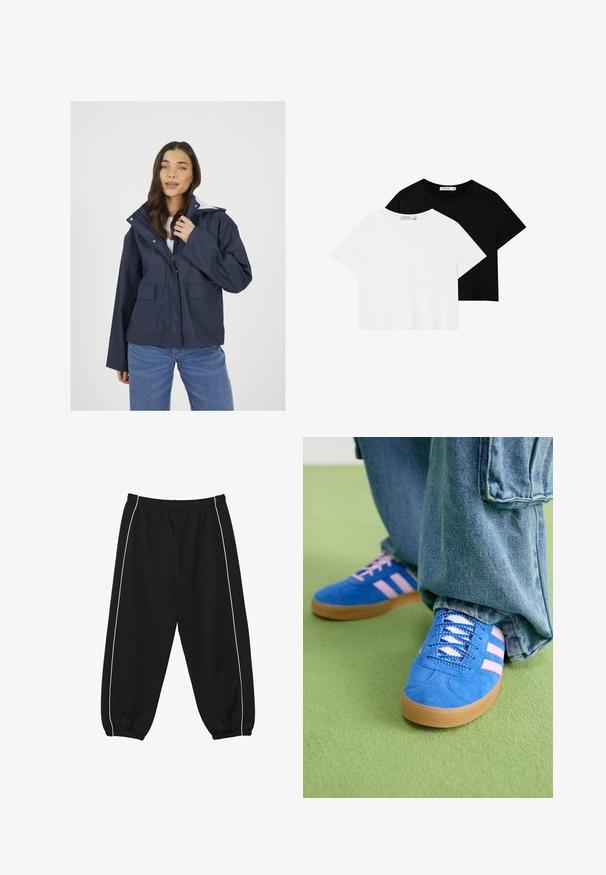 Granatowa wodoodporna kurtka z kapturem, zapinana na zamek błyskawiczny, z detalami na zatrzask oraz dwiema przednimi kieszeniami; noszona na białej bluzce i niebieskich dżinsach.; Dwie koszulki z krótkim rękawem, jedna czarna i jedna biała. Wykonane z miękkiej bawełny, z okrągłym dekoltem i luźnym krojem.; Czarne spodnie dresowe z elastycznym pasem, wyposażone w białe boczne paski i ściągacze przy kostkach. Wykonane z miękkiej, elastycznej tkaniny.; Niebieskie zamszowe buty z różowymi paskami i białymi sznurowadłami, z gumową podeszwą, zestawione z luźnymi dżinsami na zielonej powierzchni.