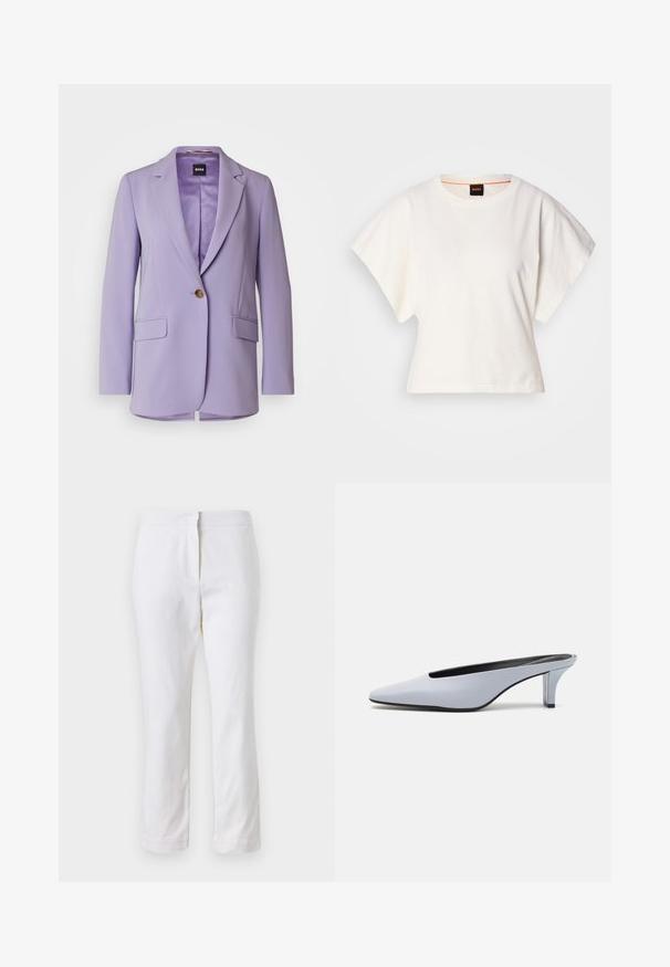 BOSS JOCALUAH - Casaco curto - medium purple; T-shirt branco cropped, mangas curtas e largas, material de algodão suave, decote redondo com um discreto acabamento laranja, design minimalista, sem padrões ou gráficos.; Calças de algodão brancas com um design de perna reta, apresentando uma cintura de altura média e sem hardware ou padrões visíveis. Textura suave por toda a peça.; Mule de pele patente azul claro com bico alongado, salto baixo transparente e um design elegante com um recorte no vamp.