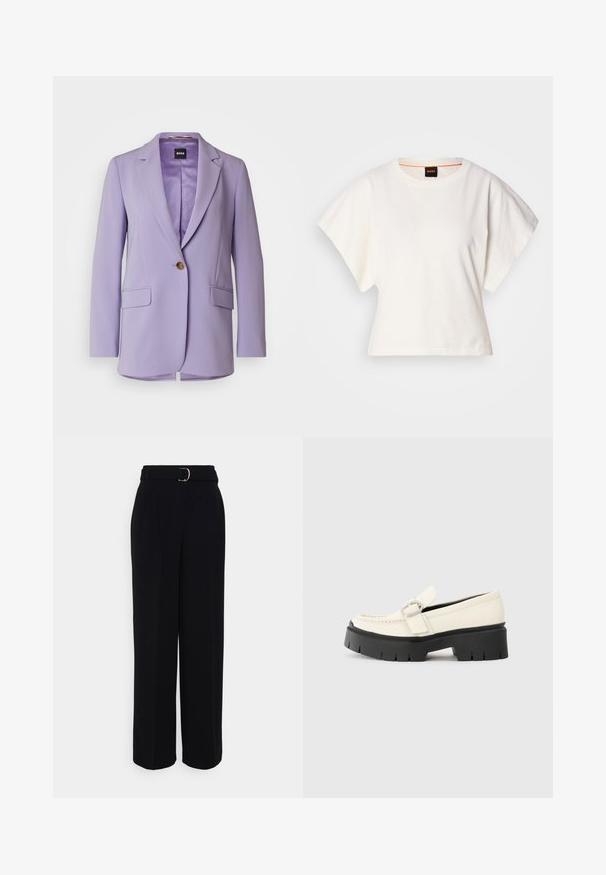 BOSS JOCALUAH - Short coat - medium purple; White cropped T-shirt, short wide sleeves, soft cotton material, round neckline with subtle orange trim, minimal design, no patterns or graphics.; Black tailored pants with a wide-leg silhouette, featuring a belt with a silver buckle, pleats, and a smooth fabric texture.; White leather loafer with a chunky black platform sole, featuring a rectangular silver buckle and visible stitching detail on the upper.
