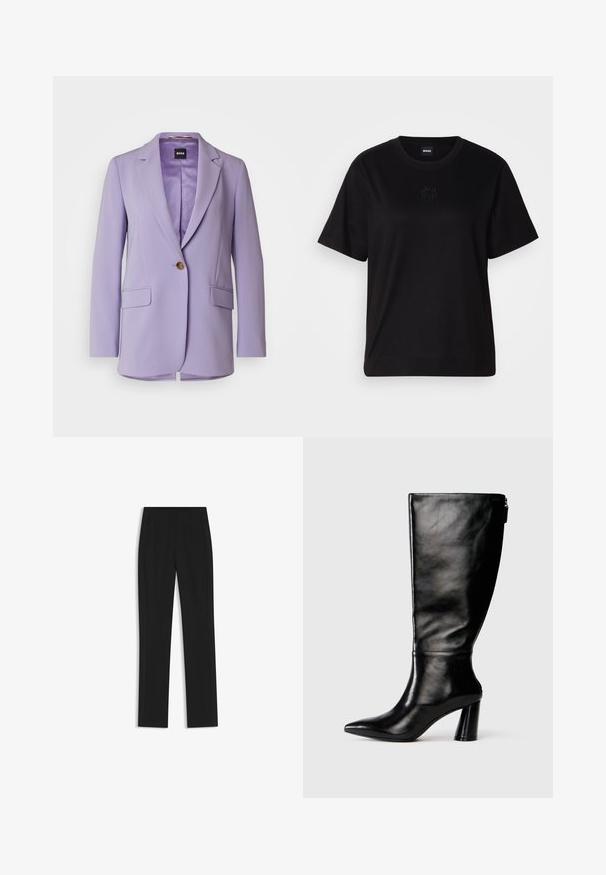 BOSS JOCALUAH - Pitkä takki - medium purple; Musta puuvillapaita, jossa on pyöreä kaula-aukko, lyhyet hihat ja brodeerattu logo rinnassa. Yksinkertainen, rento istuvuus ilman kuvioita.; Mustat räätälöidyt housut suoran lahkeen designilla, joissa on etutaskut ja sileä, teksturoitu kangas. Siistit, minimalistiset yksityiskohdat.; Mustat nahkasaappaat, joissa on terävä kärki, sileä pinta ja paksu korko. Takana on vetoketjuyksityiskohta.