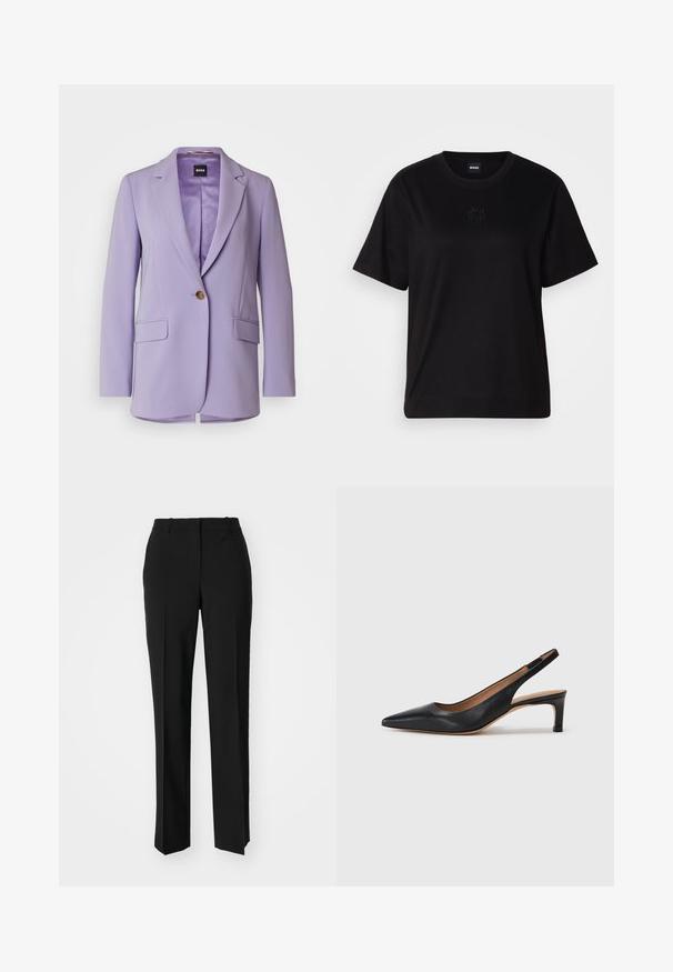 BOSS JOCALUAH - Puspaltis - medium purple; Juodas medvilninis marškinėliai su apvalia iškirpte, trumpomis rankovėmis ir siuvinėjimu ant krūtinės. Paprastas, laisvas siluetas be raštų.; Juodi pritaikyti kelnių modeliai su tiesiomis kojomis, pasižyminčios lygiomis tekstūromis ir ryškiomis klostėmis priekyje. Nėra matomų detalių.; Juodas odinis šliuurkastukas su smailiu pirštu, žemu kulnu ir glotnia tekstūra. Turi ploną reguliuojamą dirželį patogiam prigludimui.