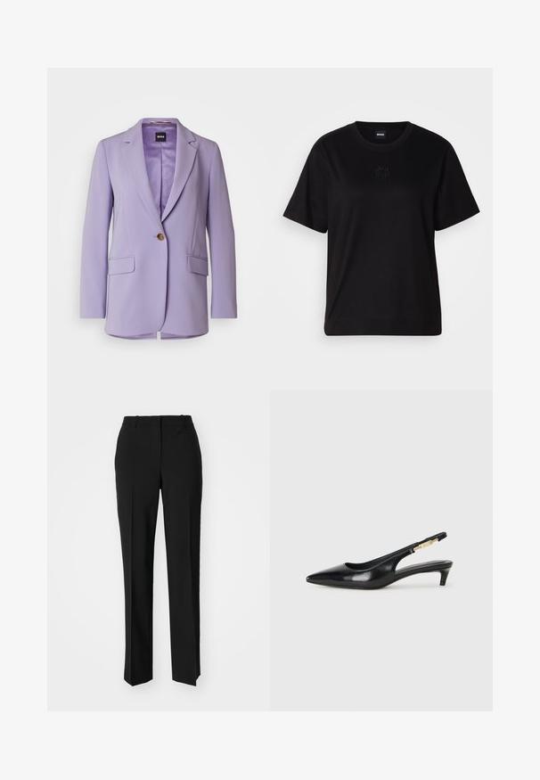 BOSS JOCALUAH - Īss mētelis - medium purple; Melna kokvilnas T-krekls ar apaļu izgriezumu, īsām piedurknēm un izšūtu logotipu uz krūtīm. Vienkāršs, brīvs piegriezums bez rakstiem.; Melnas pielāgotas bikses ar taisnu kāju dizainu, kas raksturojas ar gludu faktūru un asiem krokām pa priekšu. Nav redzamu metāla detaļu.; Melnas ādas slingback zābaki ar smailu purngalu, ar šauru papēdi un zelta krāsas akcentu uz regulējama siksniņas. Gluda tekstūra.