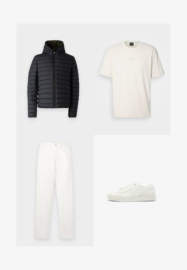 Black puffer jacket with a zip front and hood. Features horizontal quilted panels and a contrasting green interior. Smooth texture.; BOSS TEE - Basic T-shirt - open white; White trousers made from smooth fabric, featuring a straight leg design, front pleats, and a single button closure at the waist.; White leather sneaker featuring a textured upper, a round toe, minimalistic design, and a rubber sole with stitched detailing.