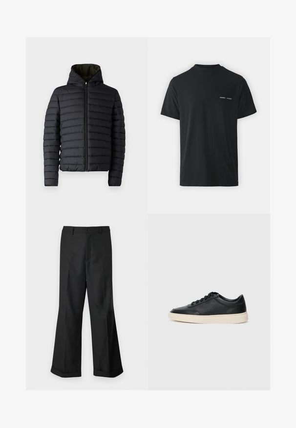 Czarna kurtka puchowa z zamkiem z przodu i kapturem. Posiada poziome pikowane panele oraz kontrastowe zielone wnętrze. Gładka faktura.; Czarna bawełniana koszulka z klasycznym okrągłym dekoltem, krótkimi rękawami oraz dwoma małymi białymi logo "SAMSØE" na lewej piersi.; Czarne spodnie o szerokich nogawkach z zapięciem na guziki w pasie i mankietami, prezentowane na jednolitym białym tle.; Czarne niskie skórzane sneakersy z czarnymi sznurówkami i off-white podeszwą, prezentowane w profilu bocznym na białym tle.