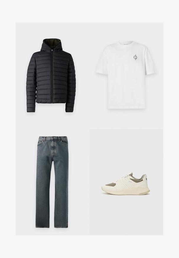 Melna pūkaina jaka ar rāvējslēdzēju priekšā un kapuci. Iezīmē horizontāli quiltotas paneļus un kontrastējošu zaļu iekšpusi. Gluda tekstūra.; Bāla kokvilnas t-kreklu ar brīvu piegulšanu, kuram uz kreisā krūšu apvidus ir neliels melns grafiskais logotips. Īsas piedurknes, apaļas kakla izgriezums.; Tumšas denima bikses ar taisnas kājas dizainu, smalkajām šuvēm un pogu aizdari, kā arī piecu kabatu stilu.; Baltas un gaiši bež sporta apavi, ar sieta augšdaļu, perforētiem detaļām un teksturētu vidusdaļu ar zīmolu uz papēža.